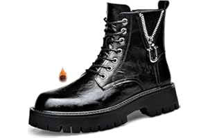 QEOSNBX Men'S Genuine Leather Platform Combat Boots Fashion Lace Up Side Zipper Lug Sole Non-Slip High Top Motorcycle Boots Comfort Outdoor Waterproof Soft Sole Work Ankle Booties