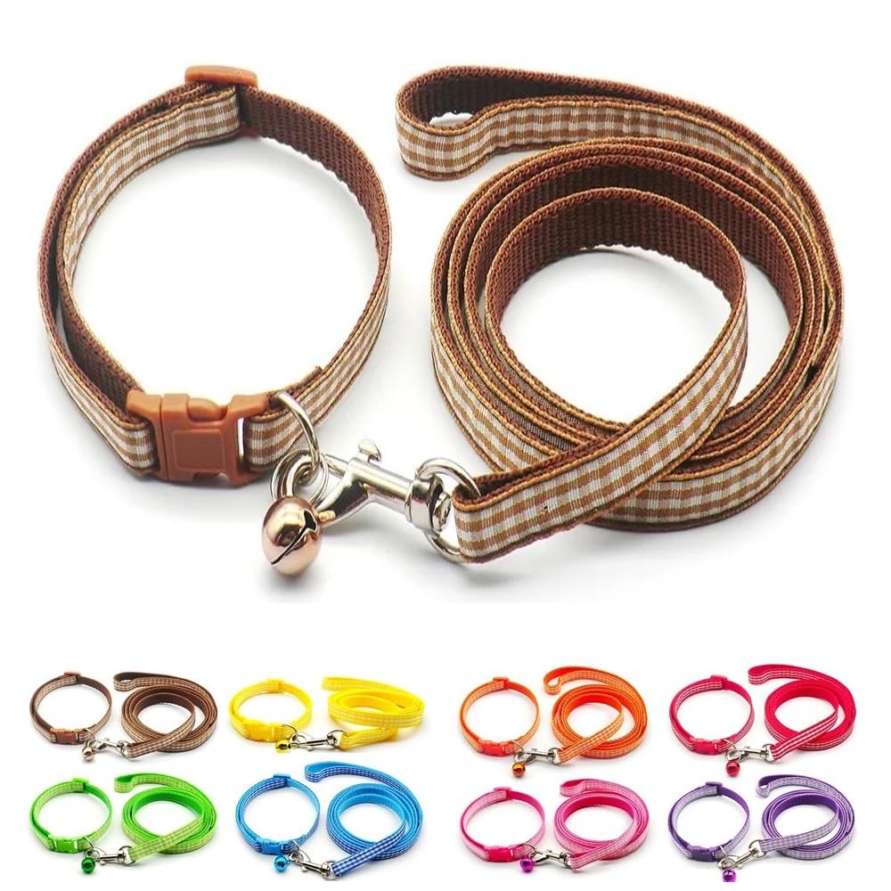 Small Dog Puppy Pet Collar and Lead Set Check Design Nylon Adjustable Size 19-32cm Collar with Bell and 120cm Leash Brown