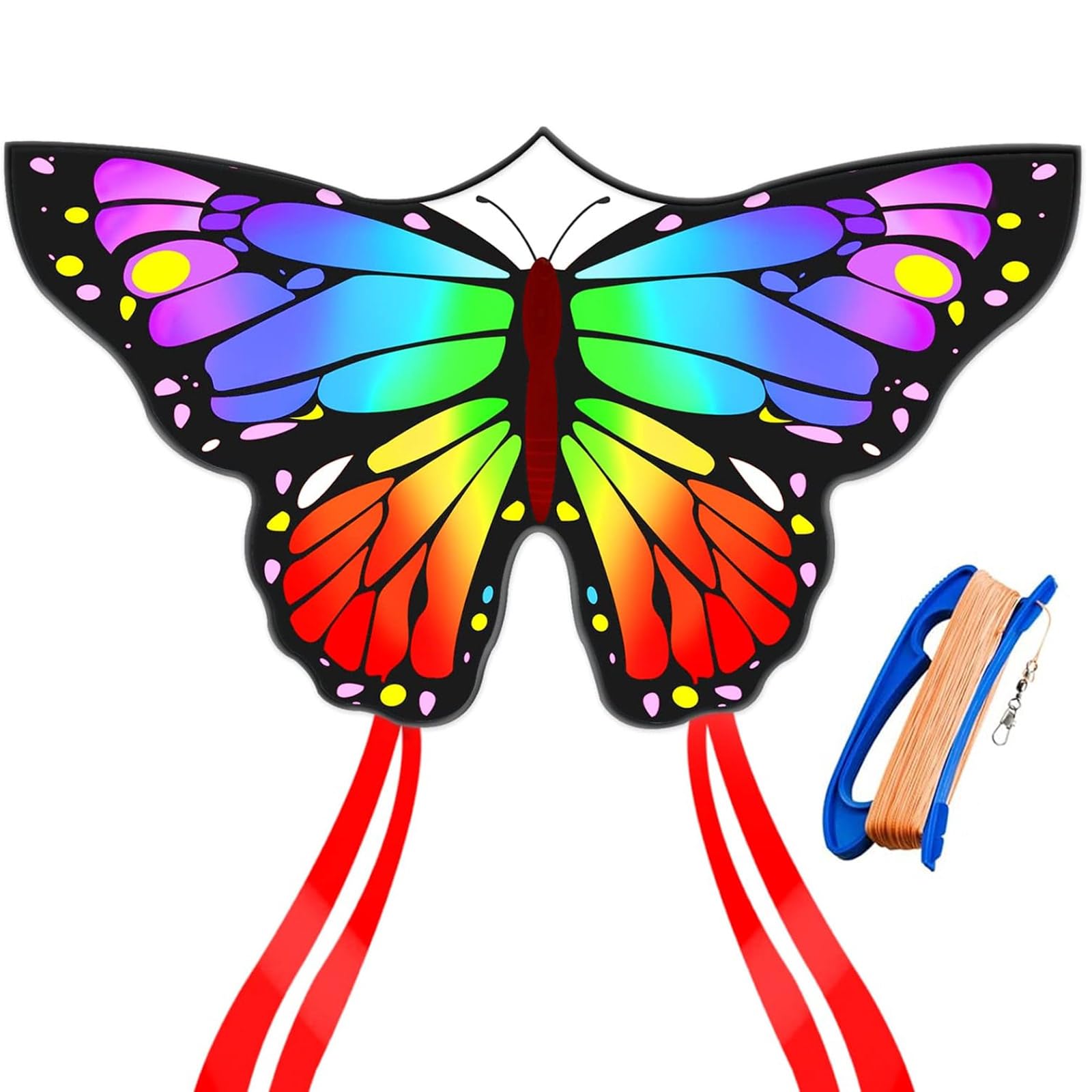 Colourful butterfly kite for children and adults (55 x 29 inches) - easy to fly for beach, beginners and family fun, large single-line kite with 300 ft cord handle.