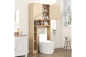 AKMAKM 31" W Over The Toilet Storage Cabinet, Oak | Bathroom Organizer with Adjustable Shelves, Wave-Patterned Doors & Anti-Tipping Device for Restroom, Laundry Room