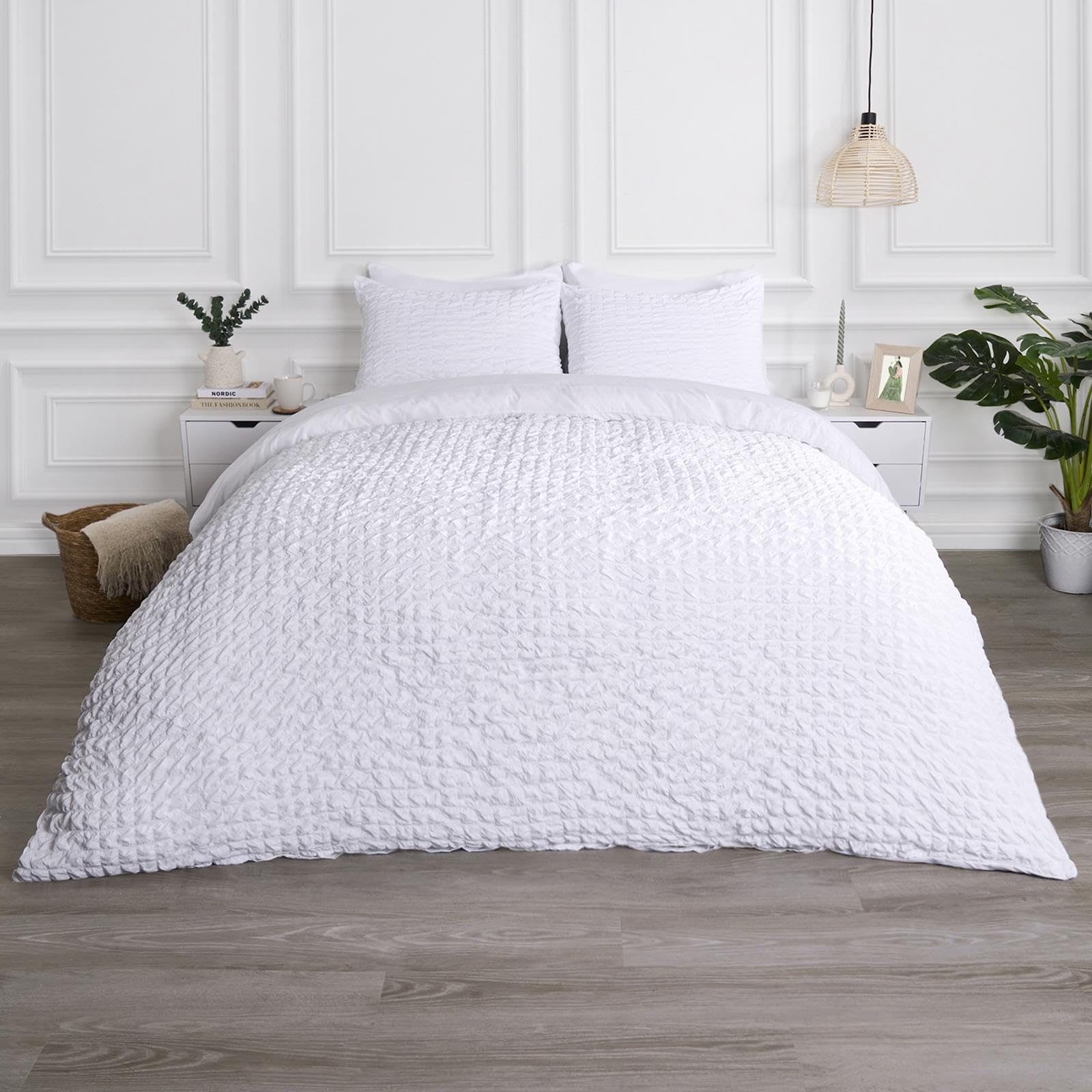 OHS White Bedding Double Duvet Set, Geometric Seersucker Duvet Cover Luxurious Quilt Cover Embossed Waffle Bedding Double Bed Set with Matching Pillowcases