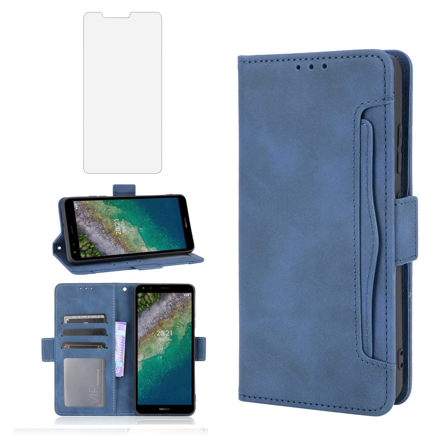 Asuwish Compatible with Nokia C01 Plus Wallet Case and Tempered Glass Screen Protector Card Holder Credit ID Slot Leather Flip Cell Accessories Phone Cover for NokiaC01Plus Women Men Blue