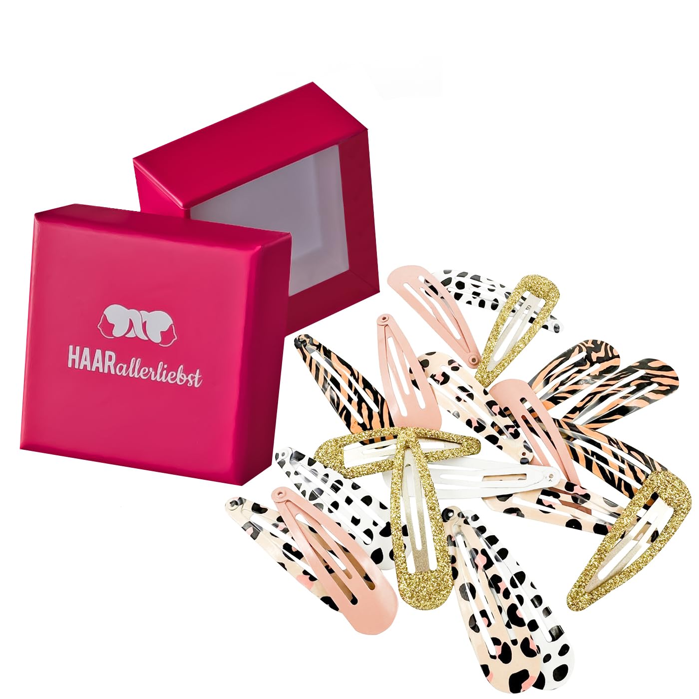 HAARallerliebst® Pack of 20 Animal Print Girls Hair Clips with Box - 50mm Long, Tiger, Leo, Cow, Glitter Gold, Dusky Pink - Hair Accessories for Girls & Women