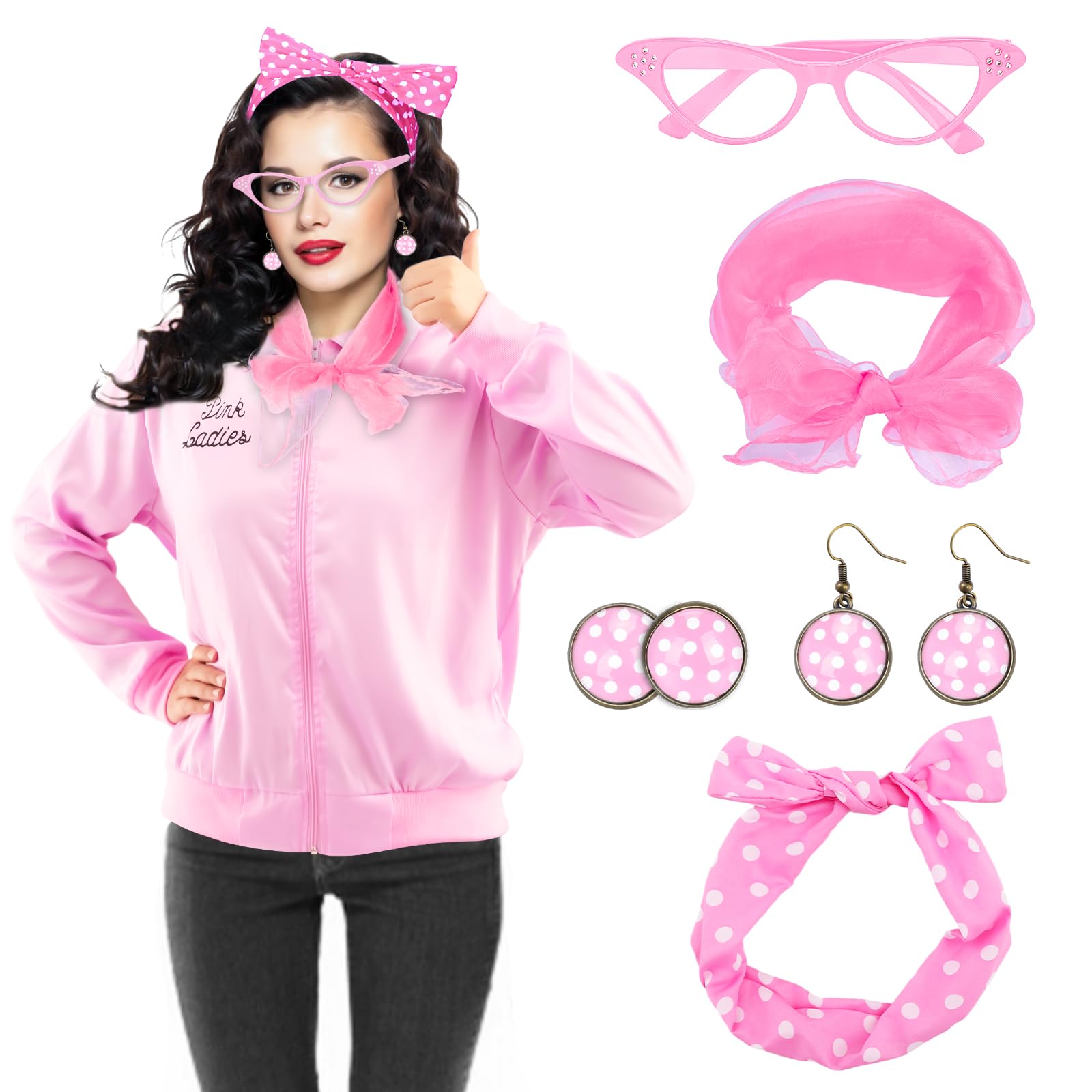 Pink Ladies Jacket, Fancy Dress for Adults, Lady Grease Costume 1950s Accessories for Women, Cat Eye Glasses, Polka Dot Headband, Silk Scarf Earrings, World Book Day Costumes Adults