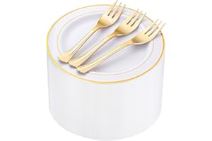 WELLIFE 120 PCS Plastic Dessert Plates and 120 PCS Forks, 6.3 inch Disposable Salad Plate, Premium White Appetizer Plates with Gold Rims Perfect for Parties, Weddings