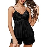 Oberitiny Women Pajama Set Lace Trim Short PJ Set V Neck Sleeveless Sleepwear Drawstring Waist Nightwear