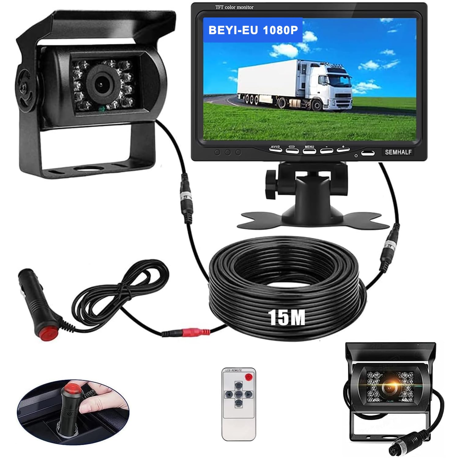 BEYI 1080P Car Reversing Camera Kit - 7" LCD HD Screen IP68 Waterproof Wired Reverse Camera, 12V-24V parking Sensor kit Night Vision Backup Camera with 15M Cable for Vans RV Bus Truck Trailer Campers