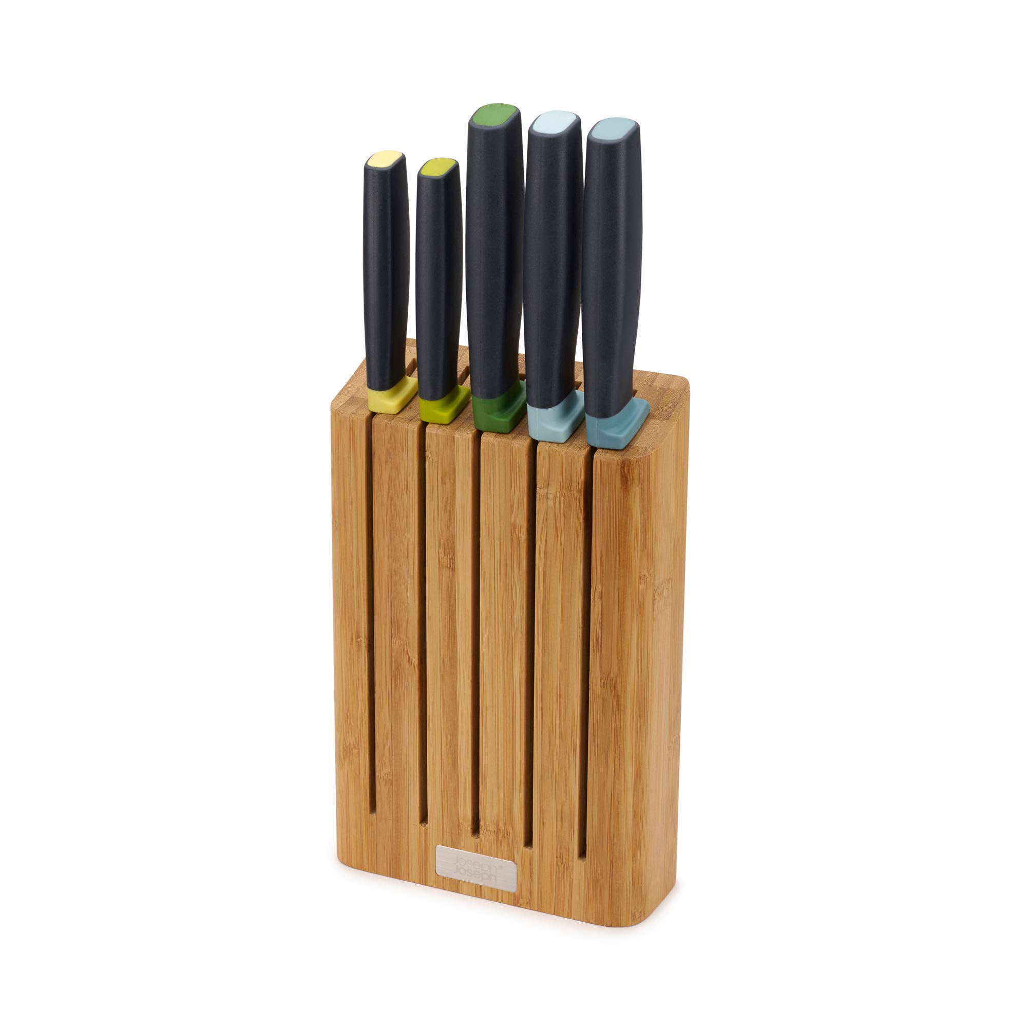 Joseph Joseph Elevate - 5-Piece Japanese Stainless-Steel Kitchen Knife Set with Slimline Bamboo Block, Multicolour