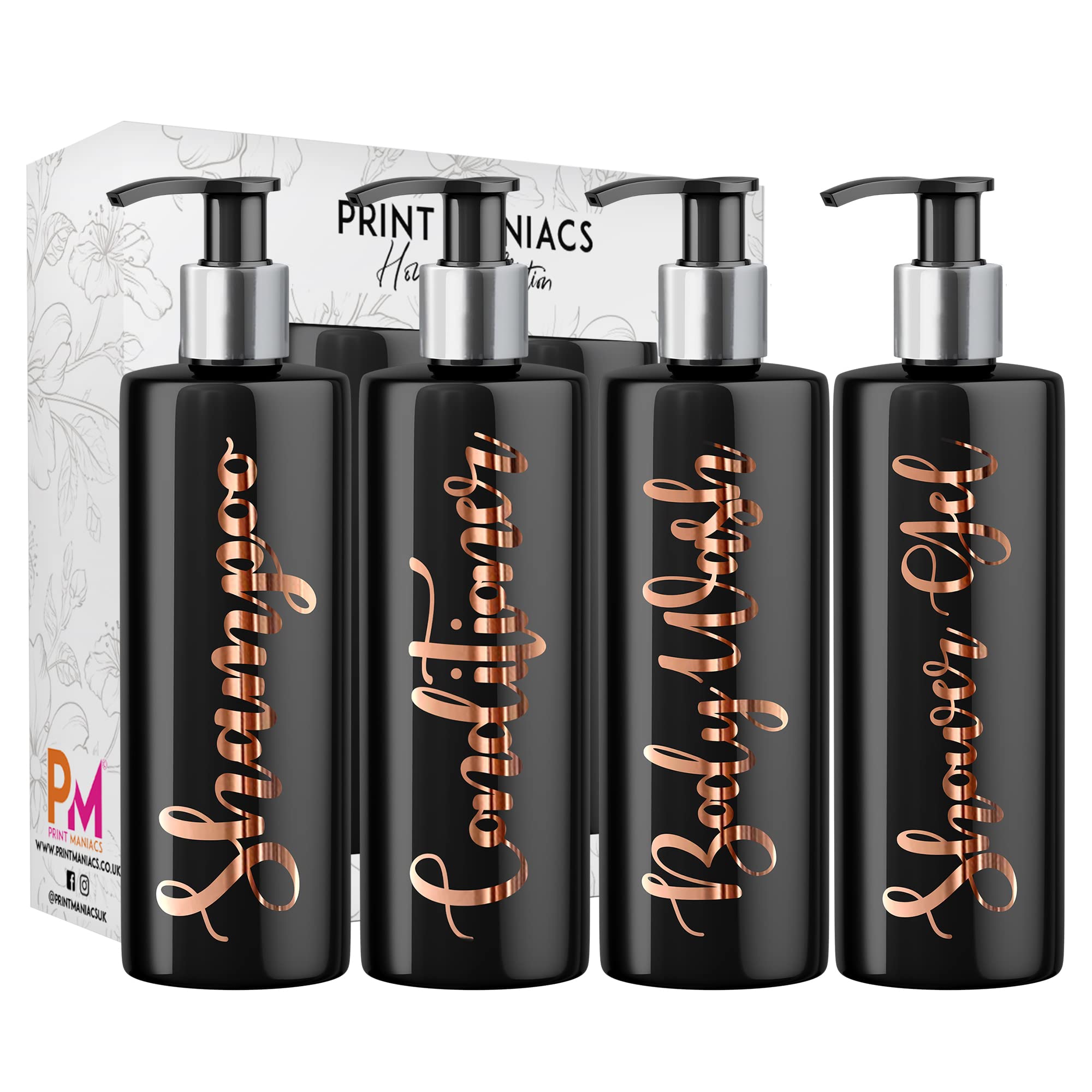 Print Maniacs Black Mrs Hinch Inspired Personalised 500ml Pump Bottles Bathroom Lotion Kitchen Set Shampoo Conditioner (Shower Gel Set) (Copper)
