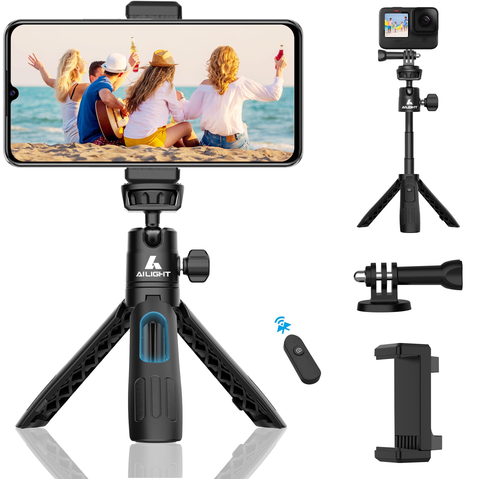 Photo 1 of ***Missing pieces*** Ailight 11.2" Mini Tripod for iPhone, Portable Extendable Travel Selfie Stick with Wireless Remote, Upgraded Phone Clip Holder & Action Camera Adapter for Cell Phone/Camera (Matte Black)