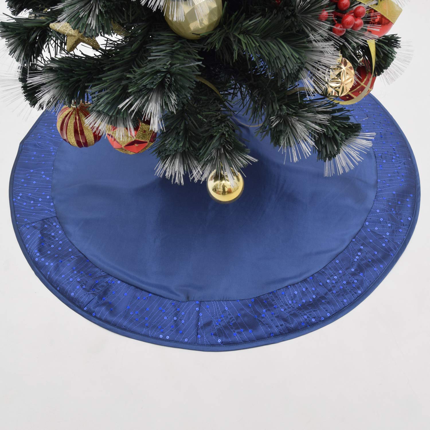Gireshome 50"(127cm) Blue faux silk with Sparkle Glitter sequin border Christmas tree skirt XMAS Tree Decoration Merry Christmas Supplies Christmas Decoration