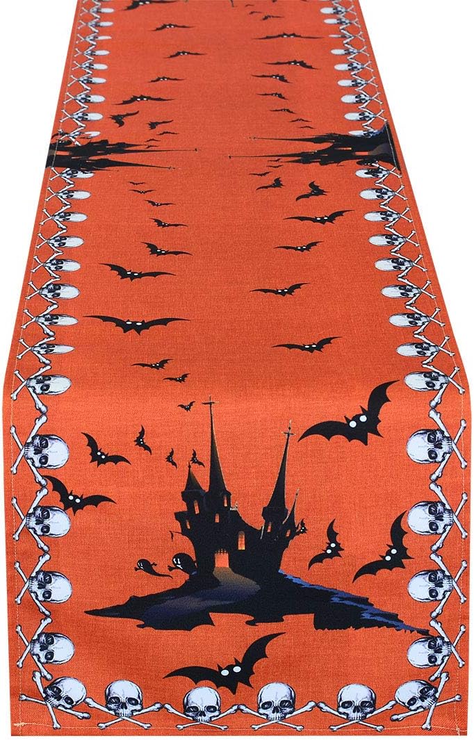 Simhomsen Halloween Table Runner for Dinner Party and Scary Movie Nights, Featured Printed Spooky Skull, Bats and Haunted House (16 × 72 inch)