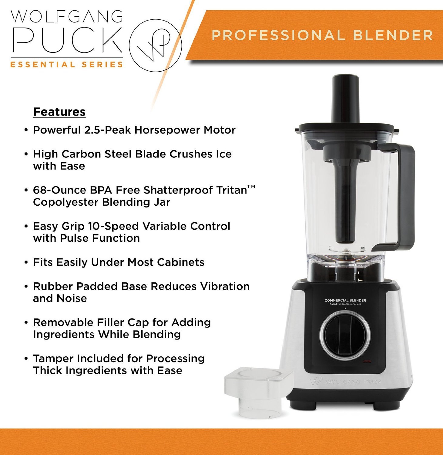Wolfgang Puck Commercial Blender, 68 Ounce BPAFree Jar, 10Speed 2.5