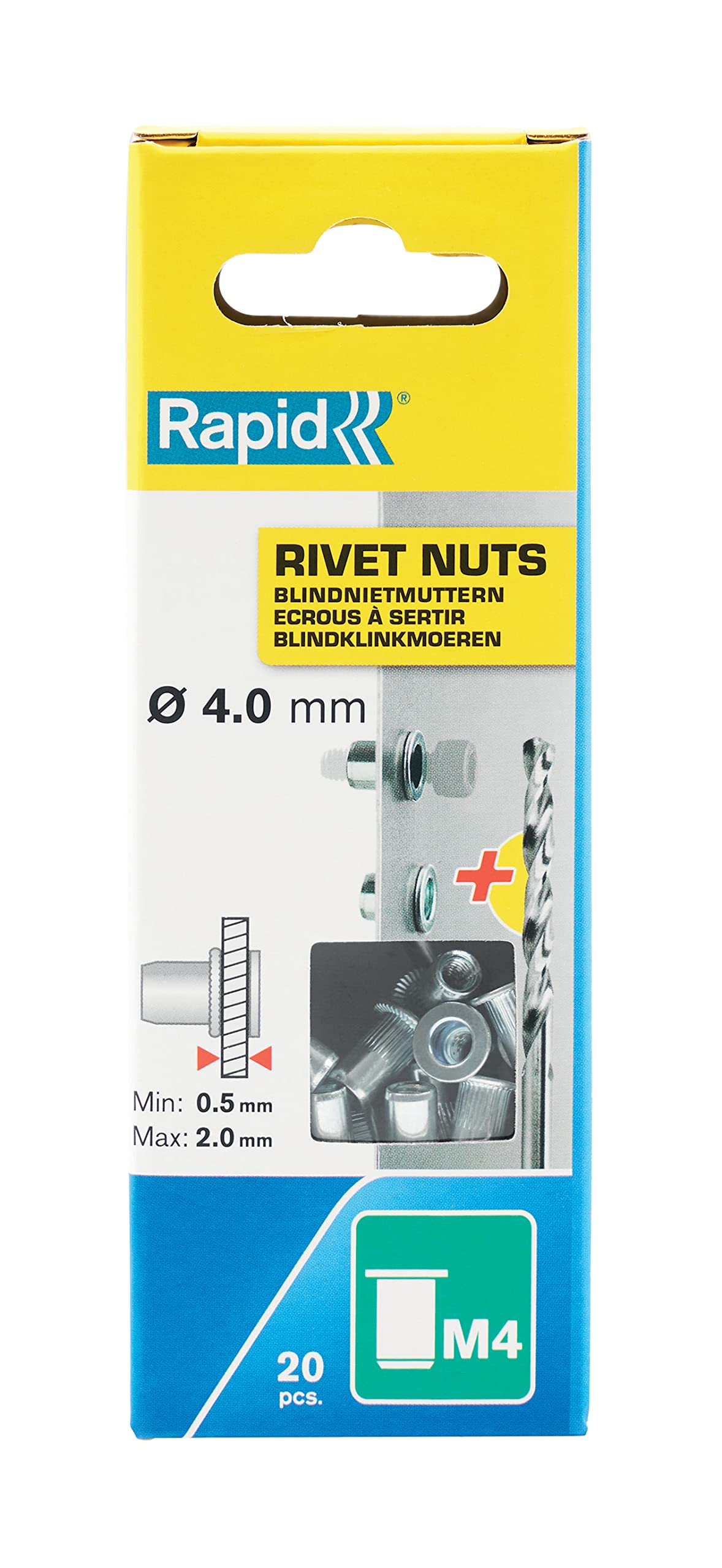Rapid M4 Rivet Nuts, Including Drill Bit, Ø4mm, Pack of 20, 5000671