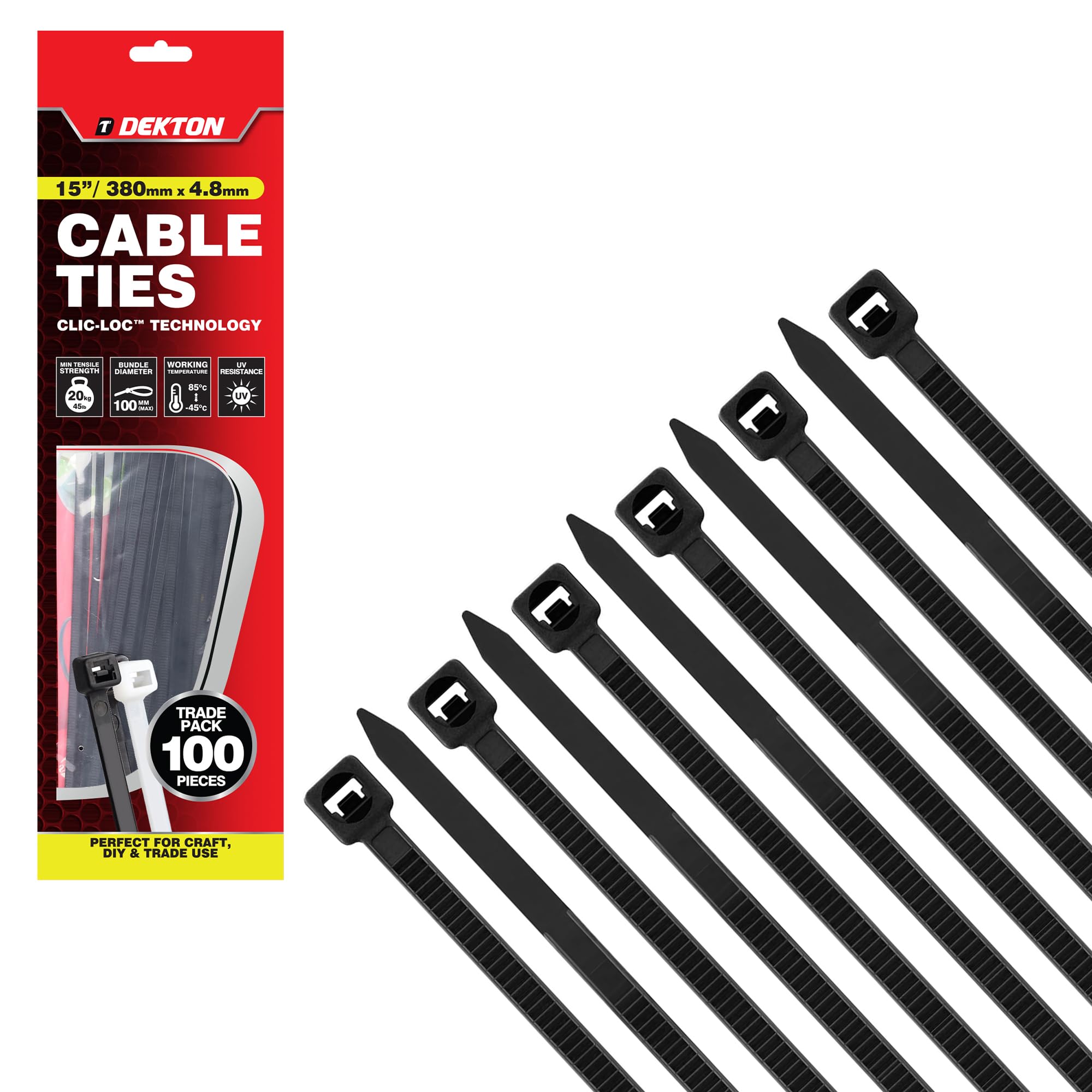 Dekton 100PC Cable Tie Set - 4.8MM X 380MM Black | Heavy Duty Industrial Strength | High Temperature Resistant | Self-Locking Teeth | Ideal for Cables, Piping, Gardening & Wires | Indoor & Outdoor Use