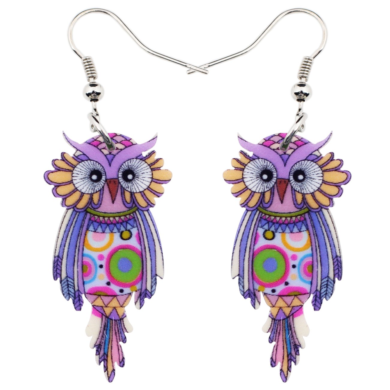 Sweet Dangle OWL Earrings Acrylic Long Bird Drop For Girls Women Kids Both Side Pattern By Bonsny Jewelry (Purple)