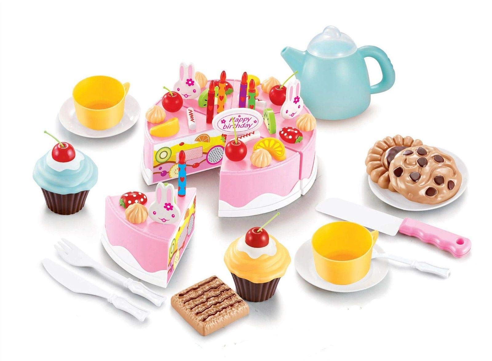 SOKA 54pc Birthday Party Pink Cream Fruit Cake Dessert Cookies Cupcake Pretend Role Play Toy Food Set Afternoon Tea Party for Kids Children Girls Boys Age 6 year old +