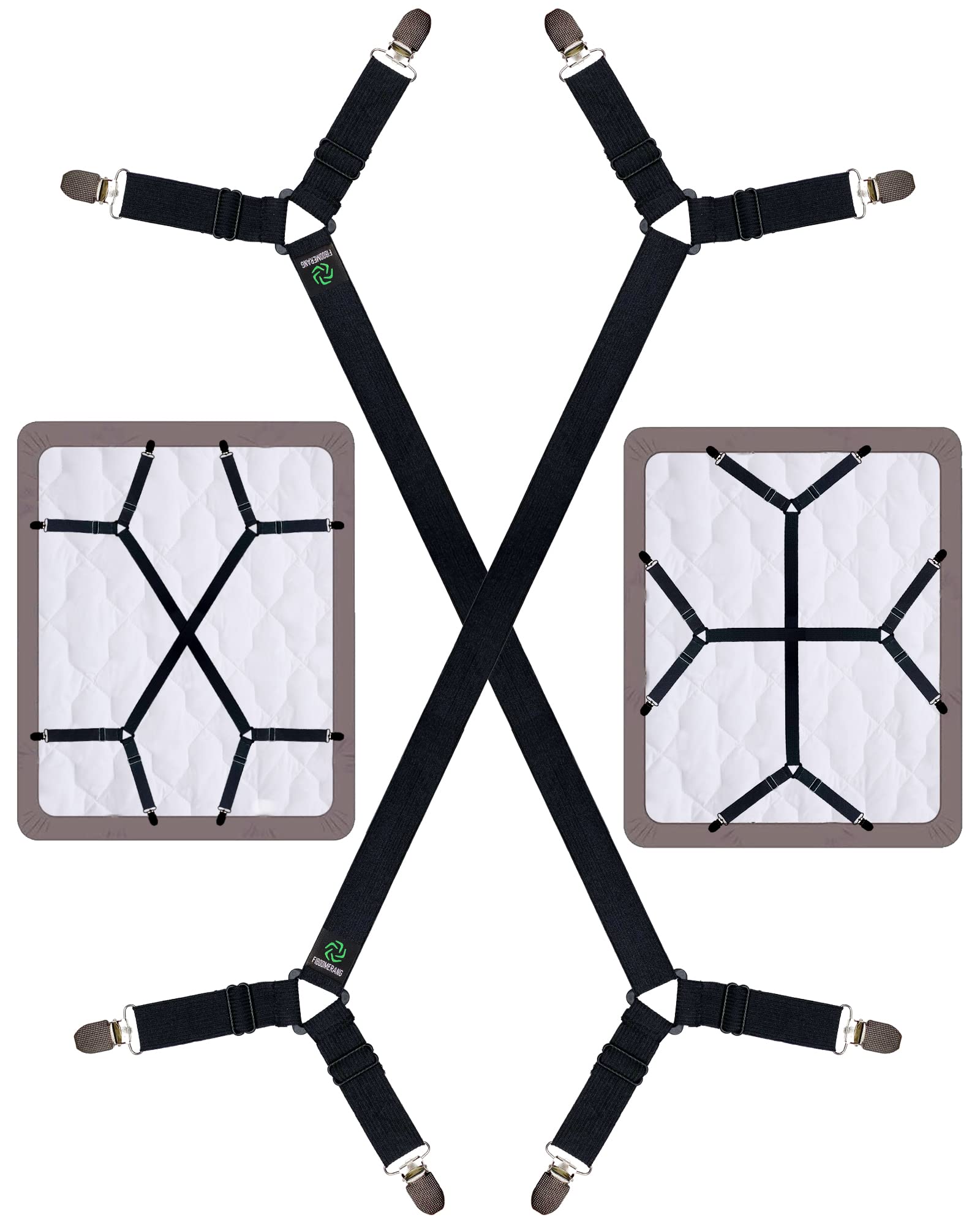 FIBOOMERANG Bed Sheet Clips - Crisscross Fitted Sheet Straps for Bedding, Sheet Grippers and Sheet Holder Elastic Bands Bedsheet Suspenders Fasteners, 2Pcs/Set Black