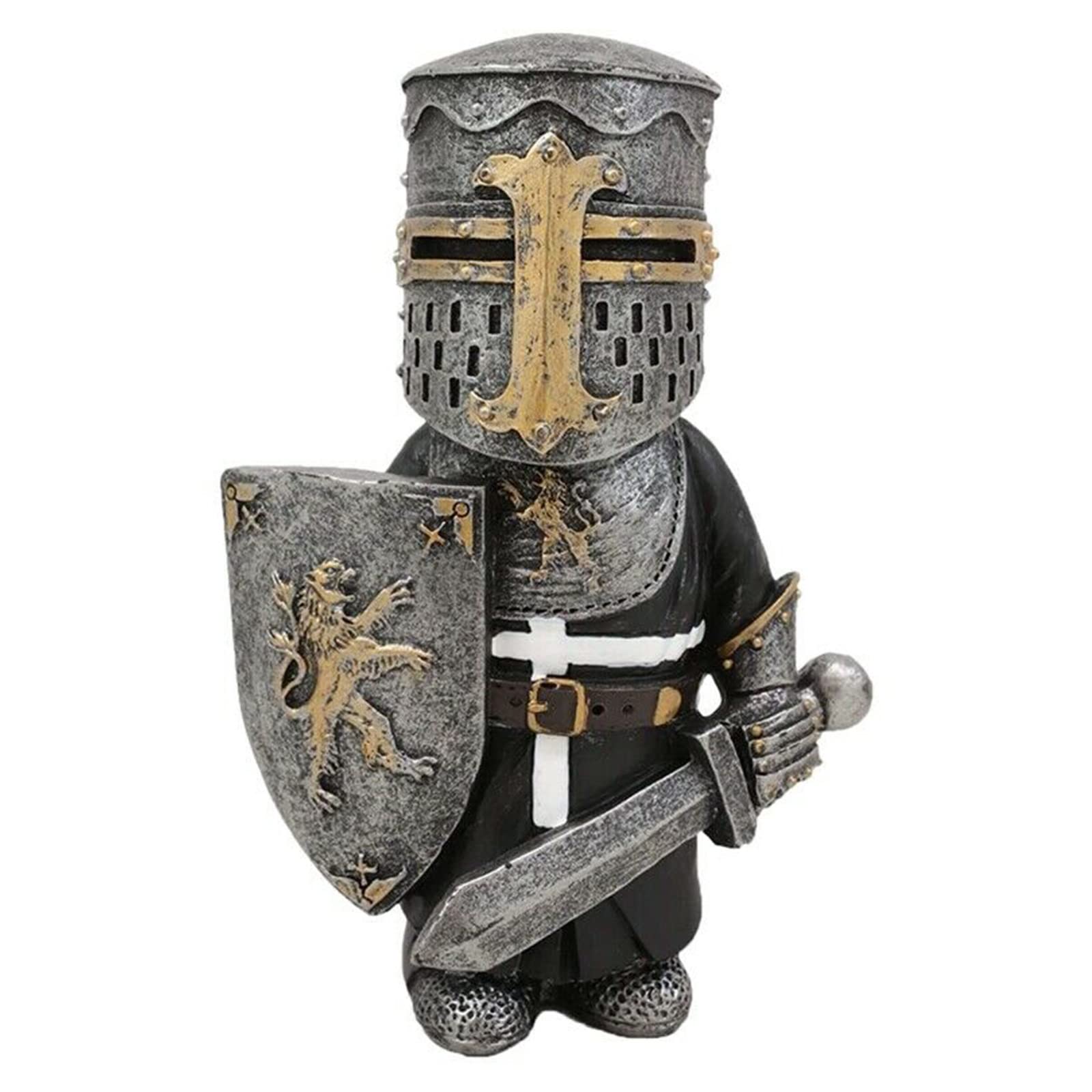 GDWD Knight Statues Ornaments, Gnome Guard Garden Sculpture Renaissance Medieval of The Cross Crusader Figurine, Waterproof Resin Ornament for Yard Lawn Decorations, Swordsman With Shield