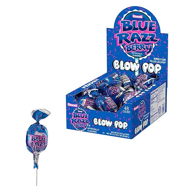 CHARMS BLOW POP LOLLIPOPS – INDIVIDUALLY WRAPPED DUAL CANDY AND GUM SUCKERS – PEANUT FREE, GLUTEN FREE – BULK TREAT FOR KIDS AND ADULTS – BLUE RAZZ BERRY, 48 COUNT (PACK OF 1)