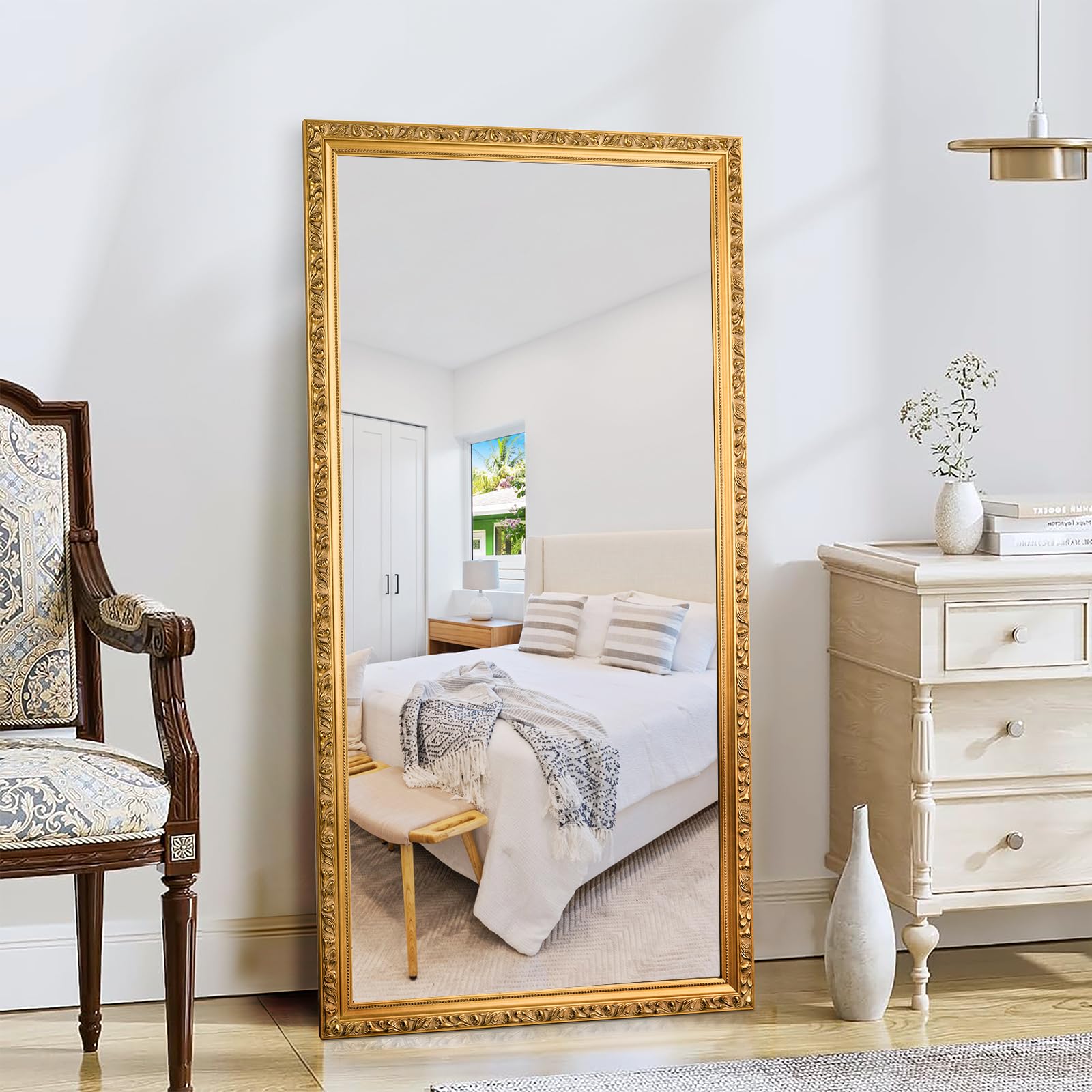 Photo 1 of Autdot Large Decorative Mirror for Wall Decor, 59''x 29'' Gold Antiuqe Living Room Mirrors with Ornate Carvings Wood Frame, Big Vanity Mirror for Bathroom, Horizontal/Vertical