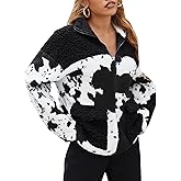 EARKOHA Womens 2026 Winter Coat Cow Print Fashion Zip Up Faux Fur Sherpa Jacket Warm Fleece Oversized Outwear with Pockets