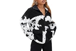 EARKOHA Womens 2025 Winter Coat Cow Print Fashion Zip Up Faux Fur Sherpa Jacket Warm Fleece Oversized Outwear with Pockets