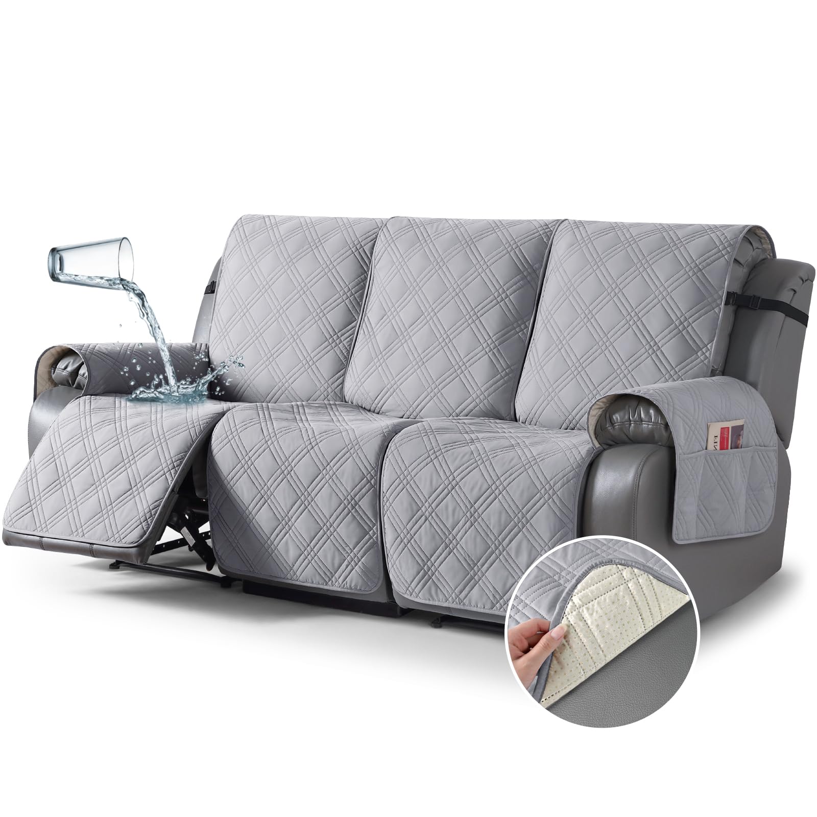 Photo 1 of TAOCOCO 100% Waterproof Recliner Couch Cover, Non Slip Split Couch Covers for Reclining Couches with Elastic Straps, Washable Reclining Couch Covers Furniture Protector for Pets(3 Seater, Light Grey)