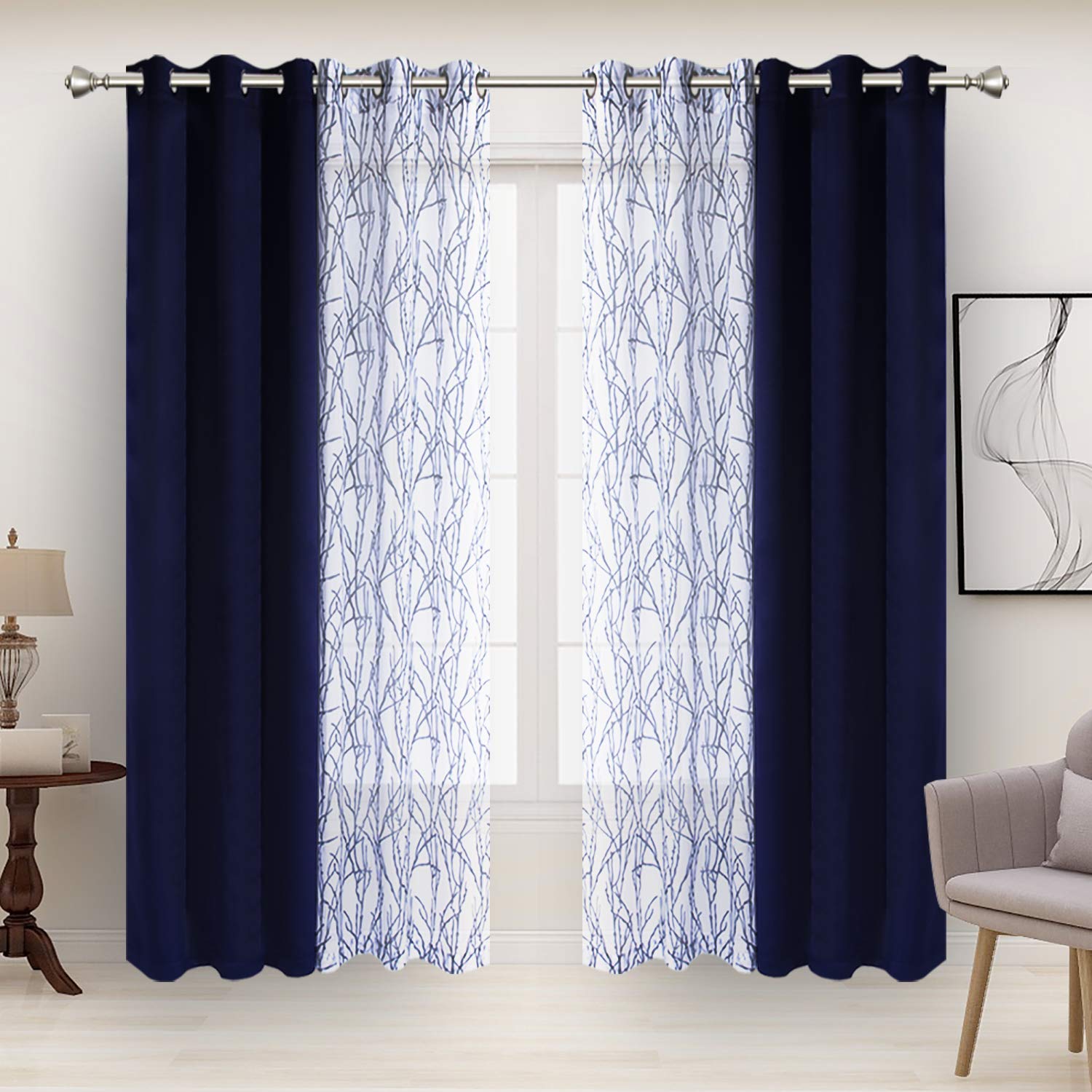 BONZER Mix and Match Curtains - 2 Pieces Branch Print Sheer Curtains and 2 Pieces Blackout Curtains for Bedroom Living Room Grommet Window Drapes, 37x84 Inch/Panel, Indigo, Set of 4 Panels