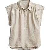 Zontroldy Womens Button Down Shirts Casual Cotton Linen V Neck Shirt Casual Cap Sleeve Tops Blouses
