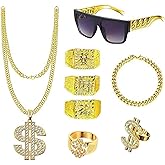 Ksheria 8Pcs Hip Hop Costume Kit, 80s 90s Old School Rapper Costume for Men Women, Gold Glasses Bracelet Fake Gold Chain Necklace Ring 80s Accessories For Men Cosplay Party New Year Holiday Gift