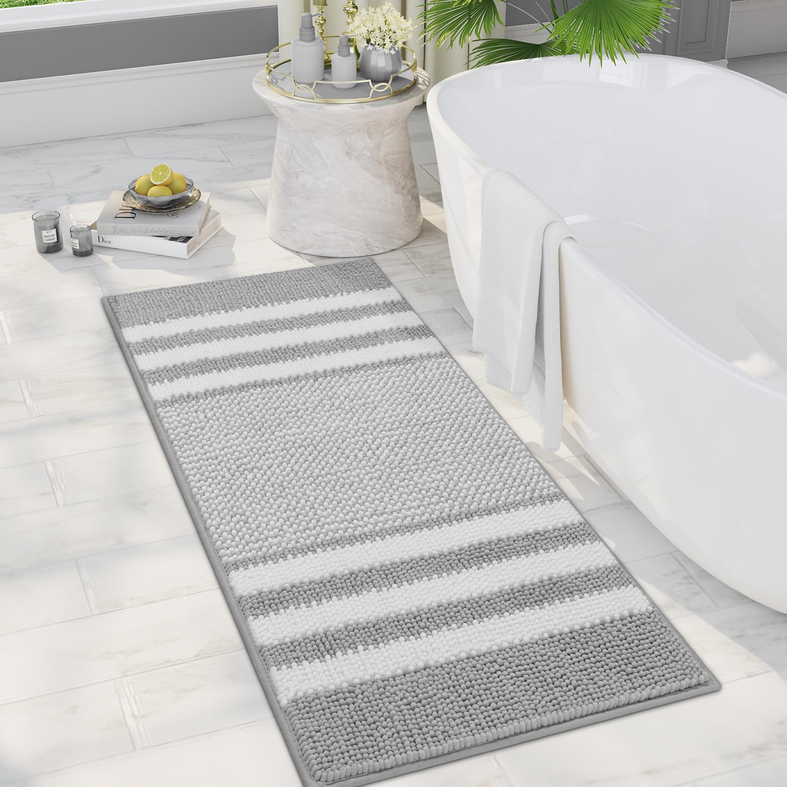Biscpro Bath Mat Rug Extra Soft and Absorbent Fluffy Striped Chenille,Non Slip Shaggy Bathroom Floor Mat,Machine Washable (Gray, 50 x 120 cm)