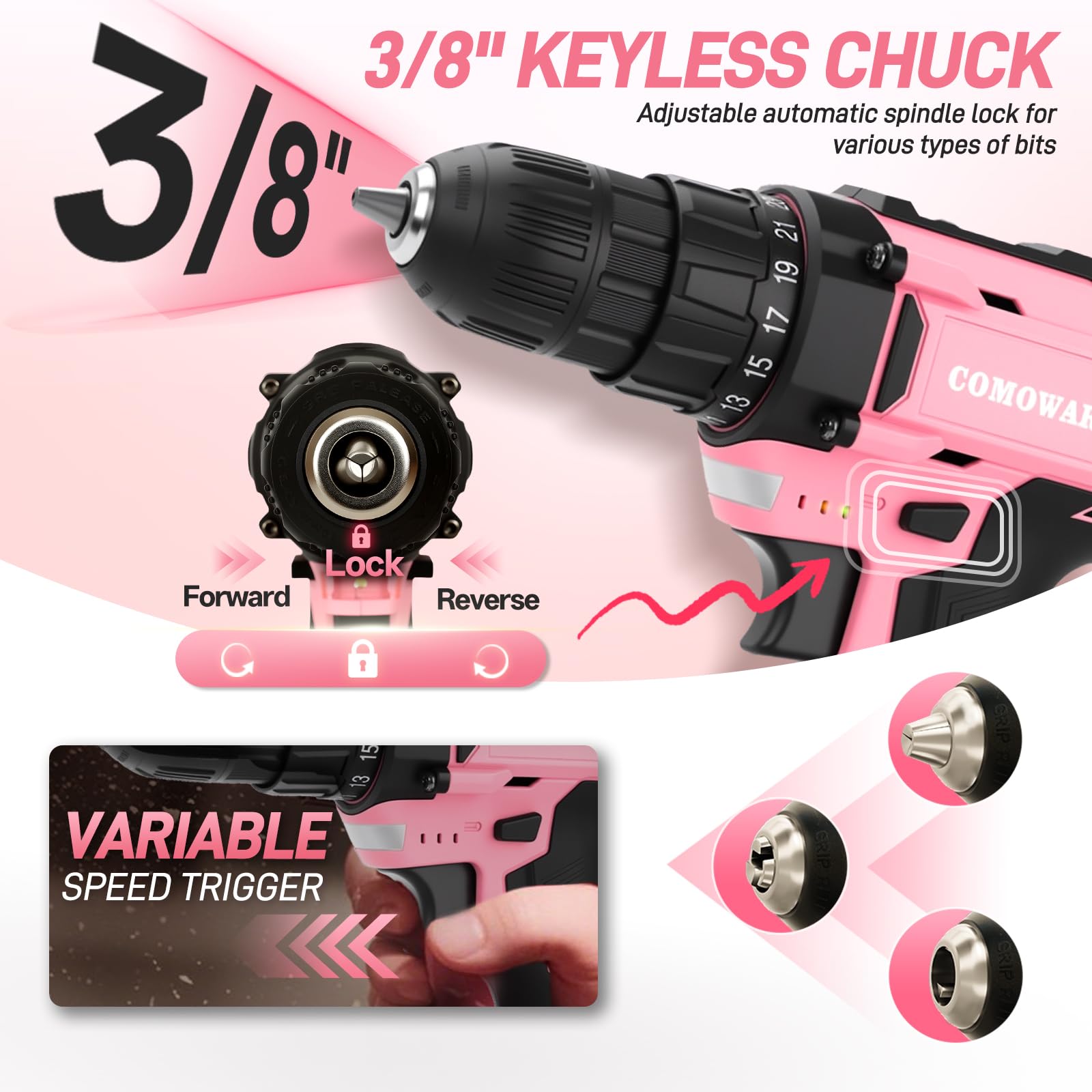 COMOWARE Cordless Drill Set, 20V Pink Power Drill Set for Women, 1 Battery & Charger, 3/8