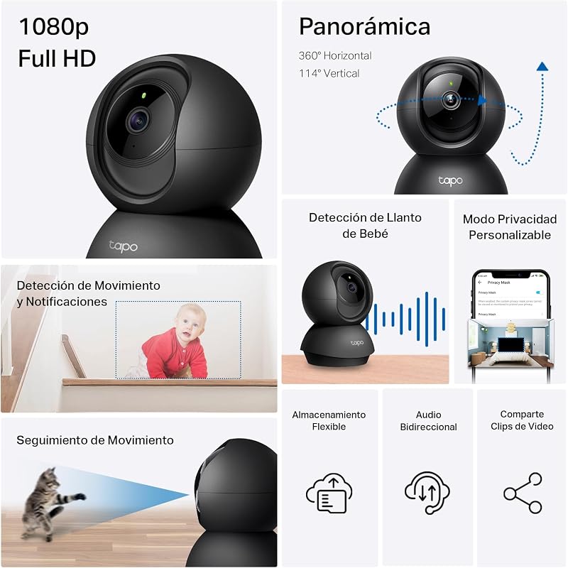 Tapo c201 - câmera wifi interna fhd, câmera de vídeo de vigilância, visão noturna, visão 360°, áudio bidirecional, detecção de movimento e notificações, alarme acústico e luminoso integrado,