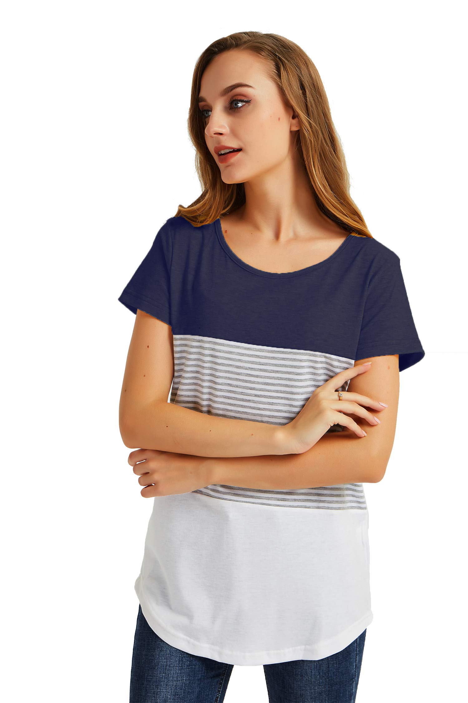 Gititlys Shirts for Women Womens Short Sleeve Shirt Round Neck Stripe T Shirts Summer Casual Top for Women M