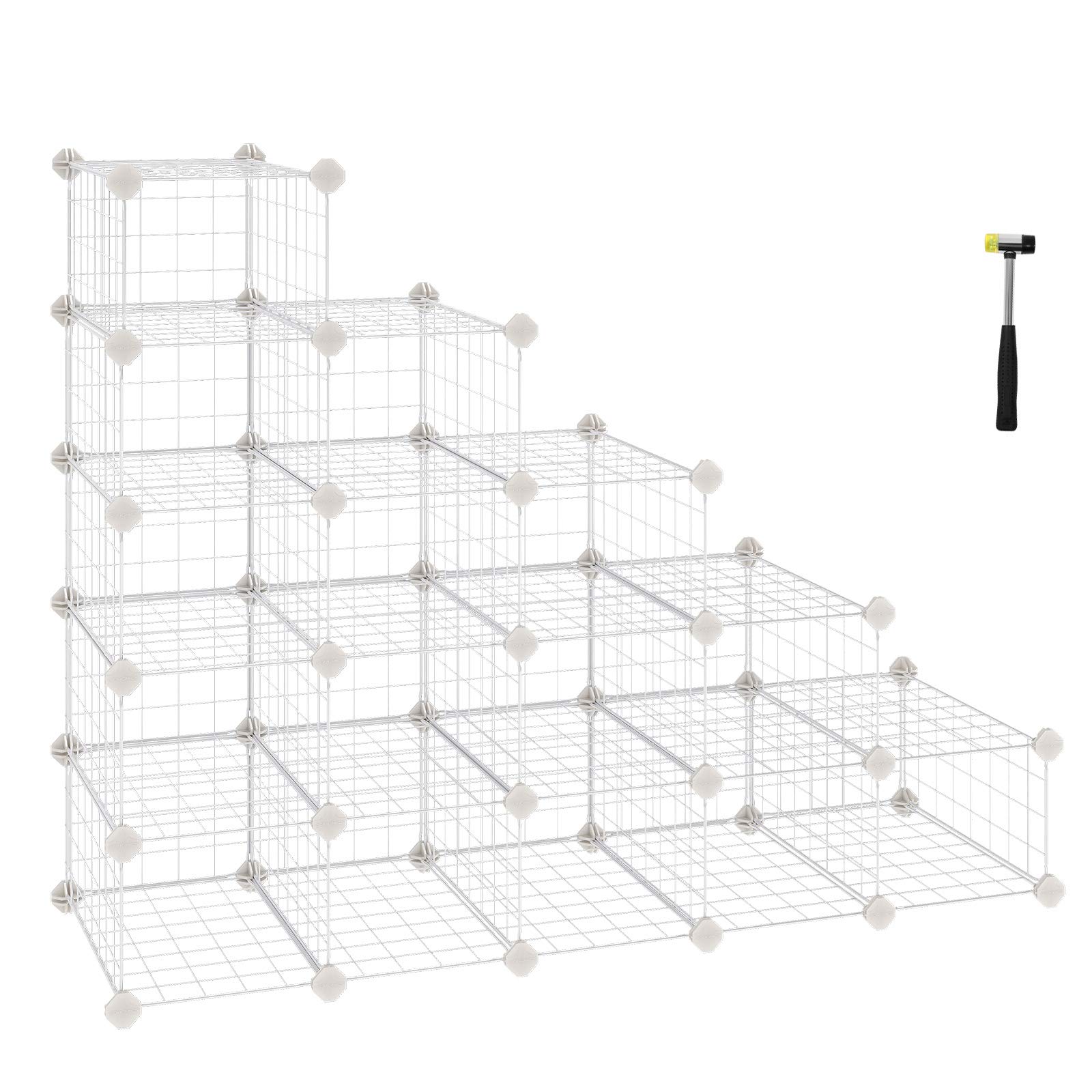 SONGMICS Shoe Rack, Modular DIY Storage Unit Metal Wire Grid, Interlocking Shoe Organiser for Closet Hallway Bedroom, Includes Rubber Mallet and Anti-Tipping Straps, White LPI44WS