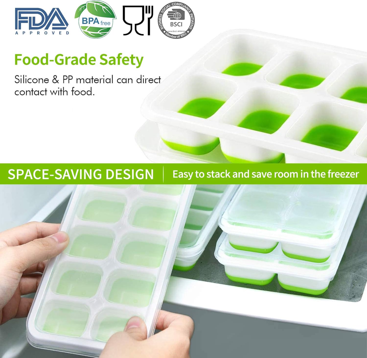 DOQAUS Ice Cube Trays 4 Pack, Easy-Release Silicone and Flexible 14-Ice Cube Trays with Spill-Resistant Removable Lid, LFGB Certified and BPA Free, for Whiskey, Cocktail, Stackable Flexible Ice Molds: Kitchen & Dining