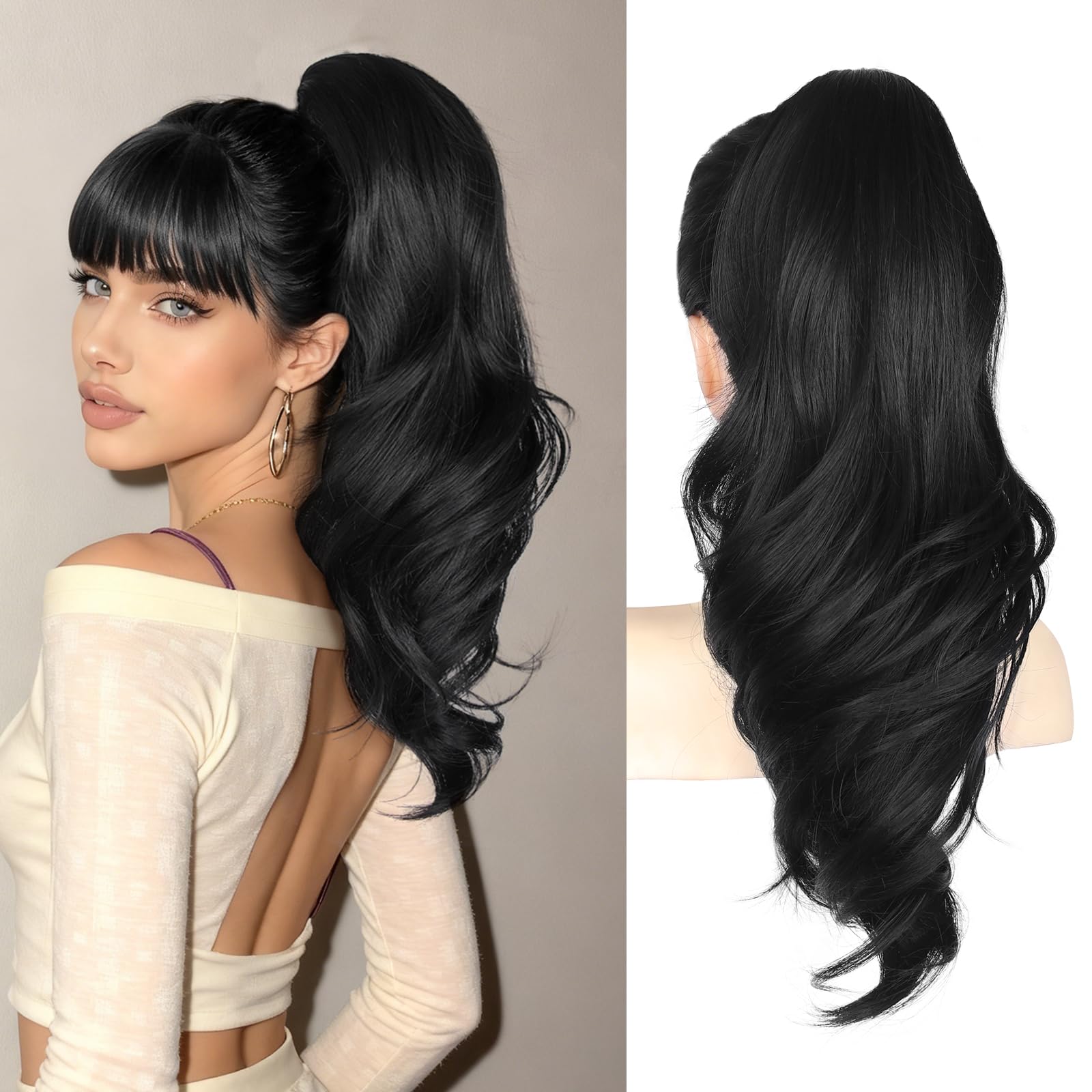 Photo 1 of 18" Black Ponytail Extension Clip In Pony Tails Hair Extensions Ponytail Clip On Ponytails for Women Claw Clip Hair Pieces for Women,Long Wavy Ponytails Extensions for Daily Use