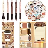 Dunzoom 56 Pieces Coffee Themed Gifts for Coffee Lovers Aesthetic Stationery Set Includes 5 Pcs Black Ink Pens 1 Pad Sticky Note 50 Pcs Stickers for Office School Supplies