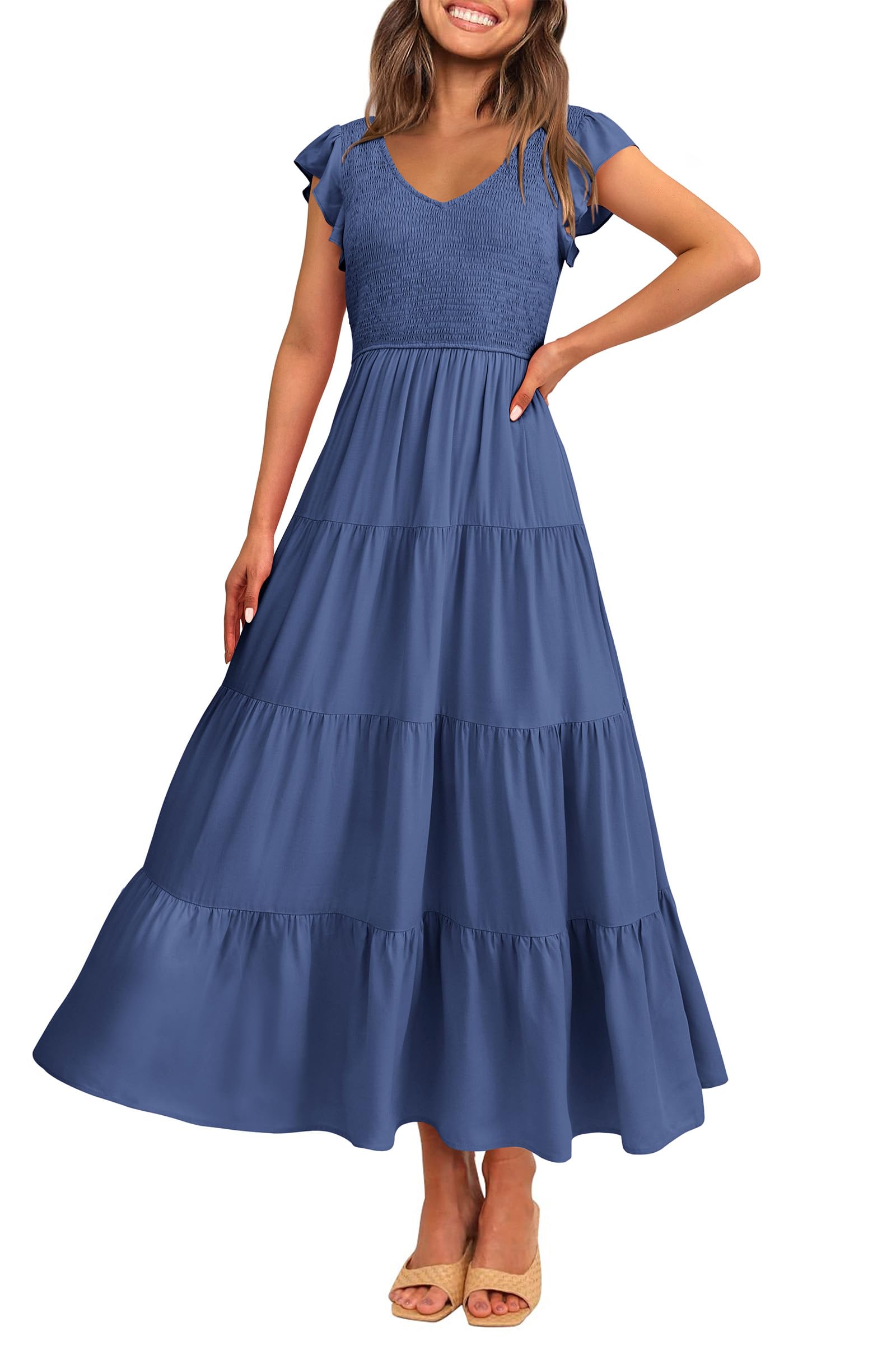 Photo 1 of PRETTYGARDEN Women's Summer Flowy Maxi Dress Casual Cap Sleeve V Neck Smocked Beach Sundress (Solid Grey Blue,Large)