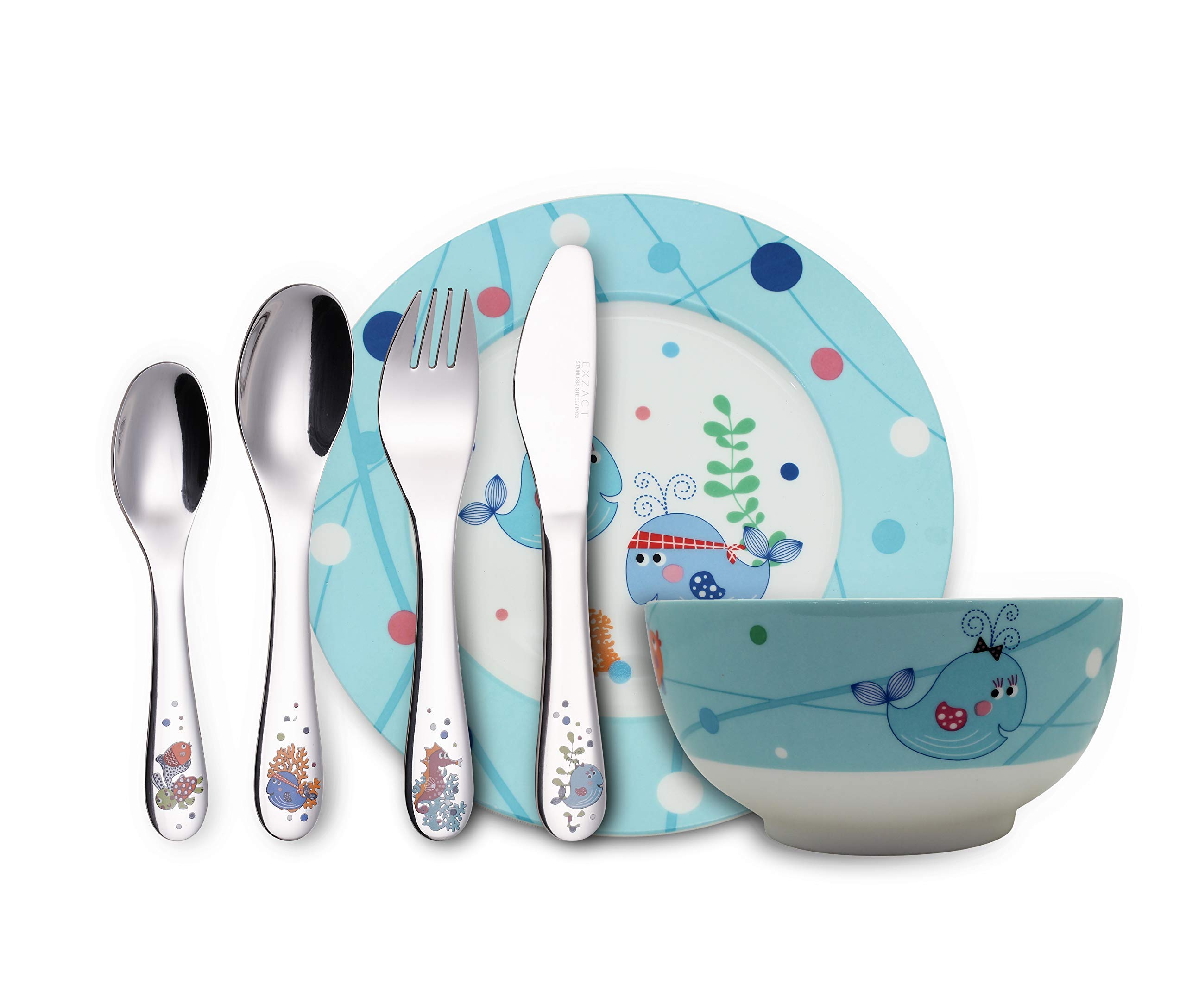 EXZACT 6-Piece Children's Dinner & Cutlery Gift Set, Stainless Steel & Porcelain | Includes Bowl, Plate, Dinner Knife, Fork, Teaspoon & Tablespoon, Dishwasher Safe - Sea Creatures