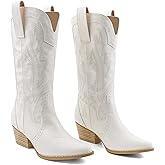 Zzheels Women Mid-calf Cowboy Boots Pointy Toe Boot Embroidered Western Cowgirl Boots Chunky Heels