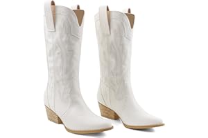 Zzheels Women Mid-calf Cowboy Boots Pointy Toe Boot Embroidered Western Cowgirl Boots Chunky Heels
