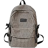 MININAI Vintage Tweed Backpack Aesthetic Houndstooth Print 15.6 Inch Laptop Backpack for Women Men Casual Daypack (One Size,Khaki)