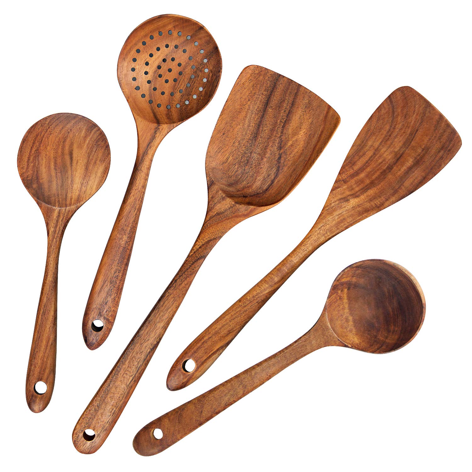AOOSY Wooden Kitchen Utensils Sets, 5 Pieces Japanese Style Cooking Utensils Set Tools Non Scratch Heat Resistant Utensils Sets Including Wood Spatula Cooking Spoons for Non-Stick Pans