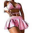 DaiLiWei 3 Piece Triangle Swimsuits for Women Metallic Bikini Sets Thong Bathing Suit Beach Skirt Sexy Festival Rave Outfits