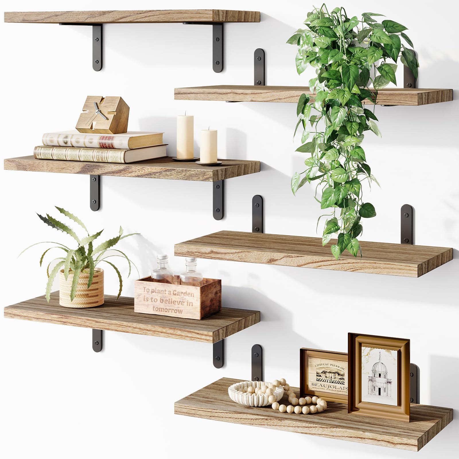 Photo 1 of Fixwal Wood Floating Shelves - Set of 6, Rustic Brown - Wall Mounted, Farmhouse Shelf for Bedroom & Bathroom Decor