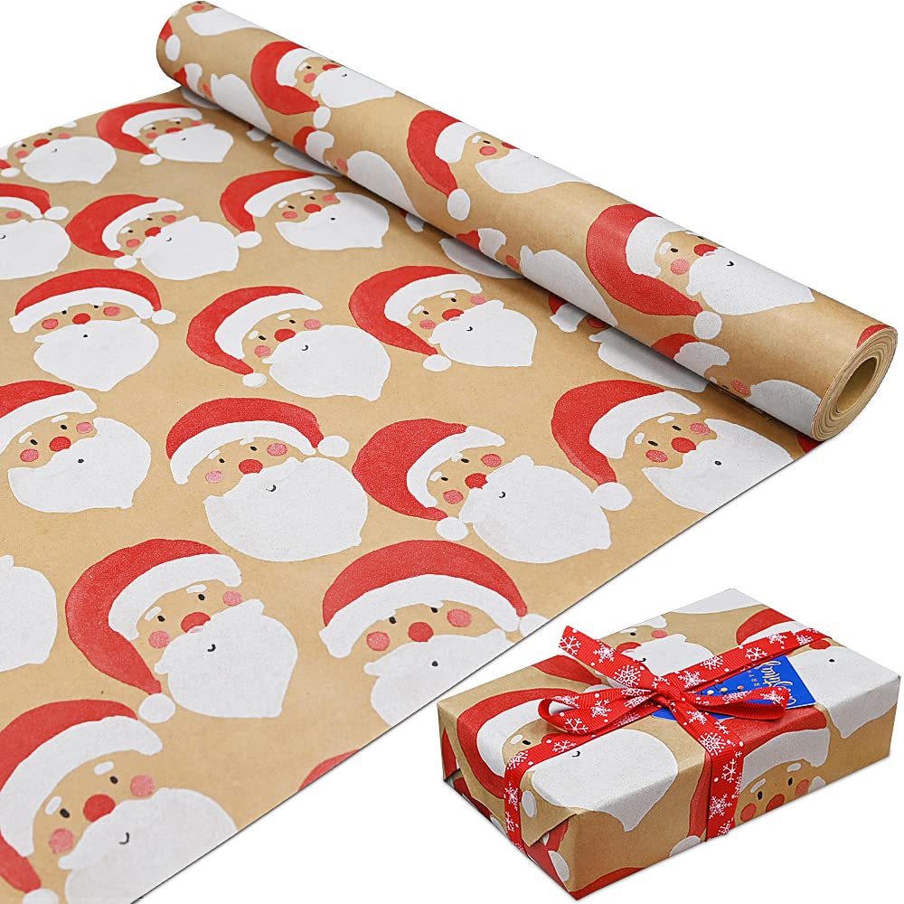 16m Roll of Kraft Santa Claus Wrapping Paper Roll,Colorful Gift 100% Recyclable ECO For Present Party Christmas DIY Birthday Decorations