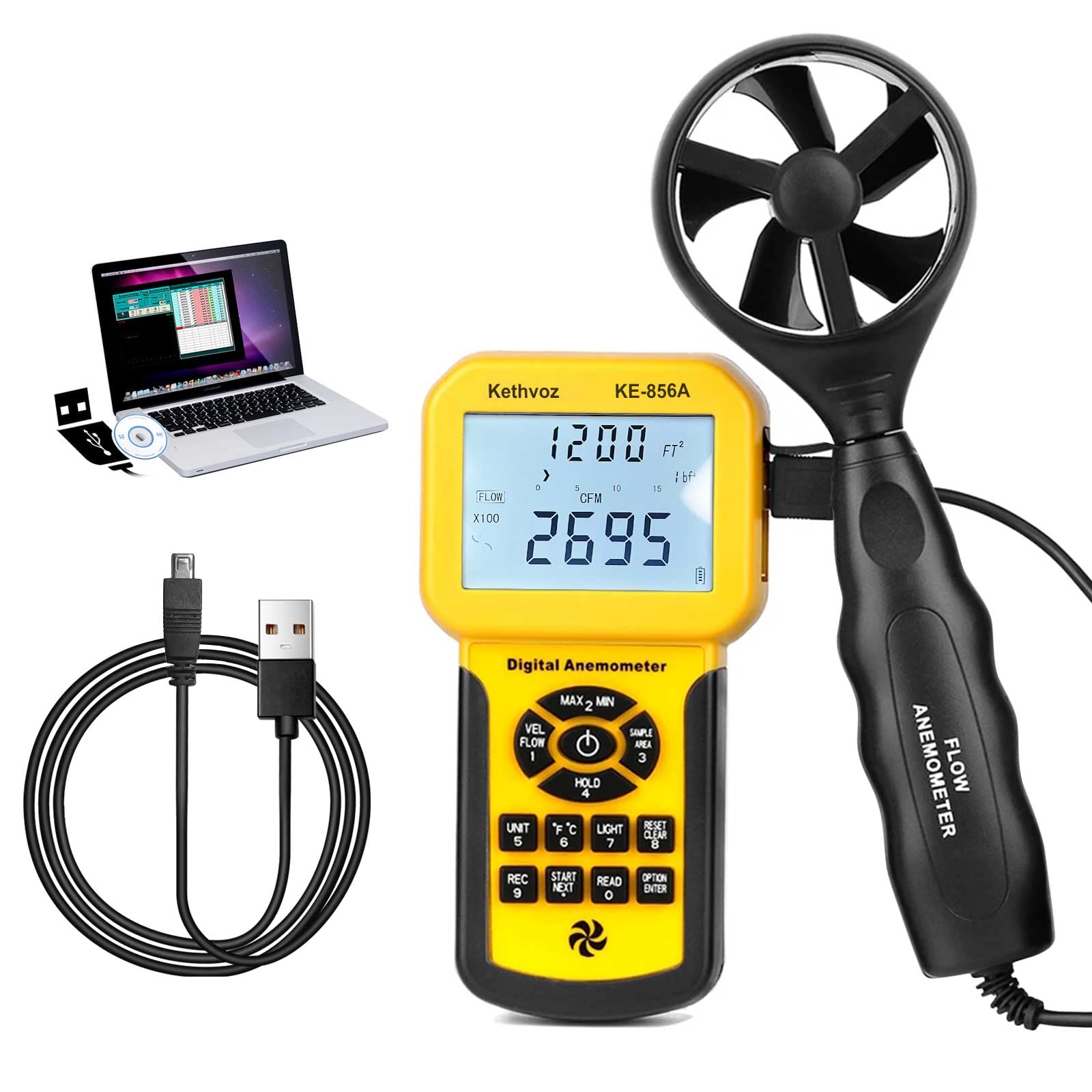 Anemometer CFM Air Flow Meter, Kethvoz HVAC Wind Speed Tester Industrial Airflow Data Logger Monitor Test Wind Velocity Measure Air Volume for AC Dust Collection System