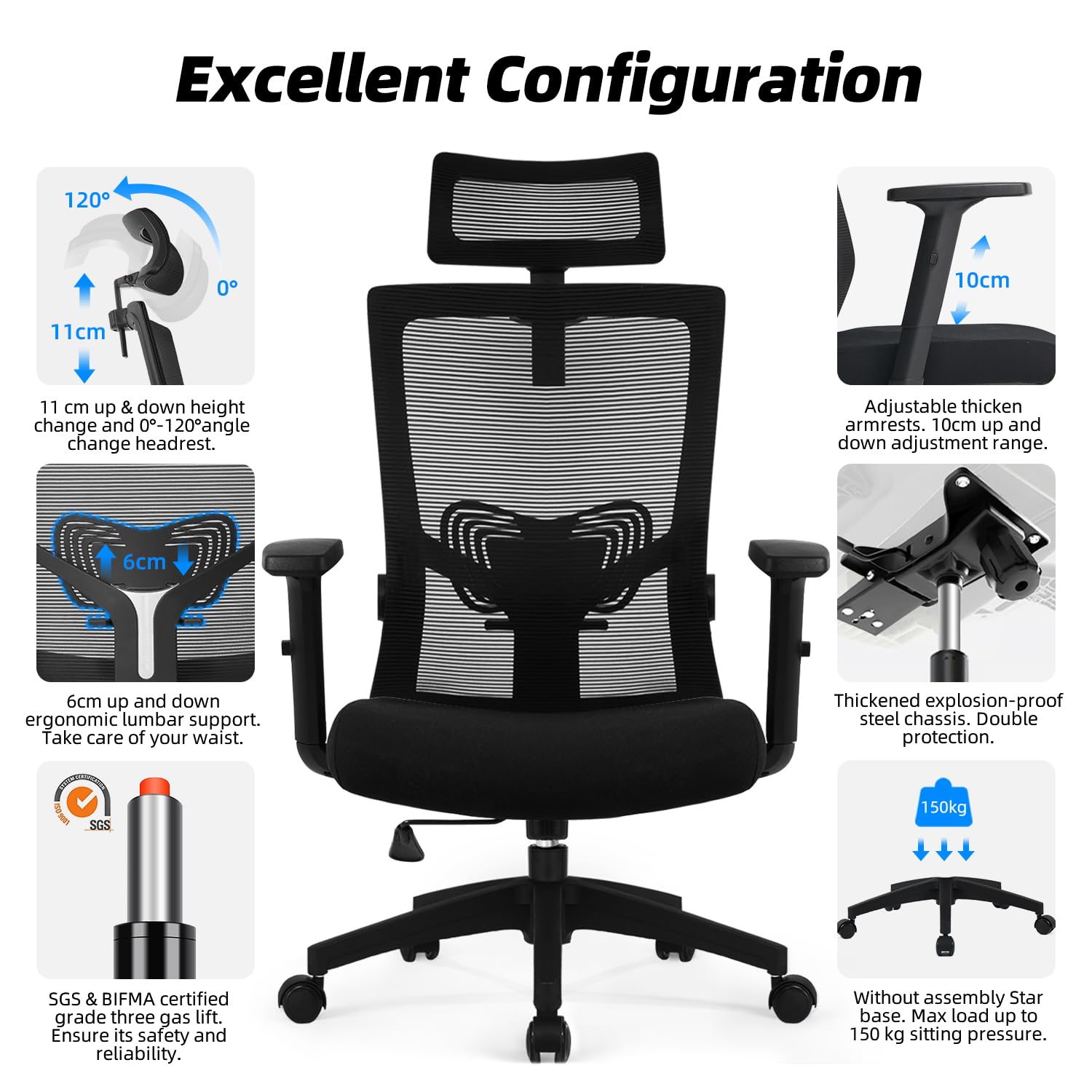 Daccormax Bürostuhl Ergonomisch, Schreibtischstuhl mit Verstellbarer Kopfstütze, Armlehnen, Lendenwirbelstütze, Drehstuhl Wippfunktion, Chefsessel aus Mesh,Rückenschonend, Bürostuhl 150kg 6